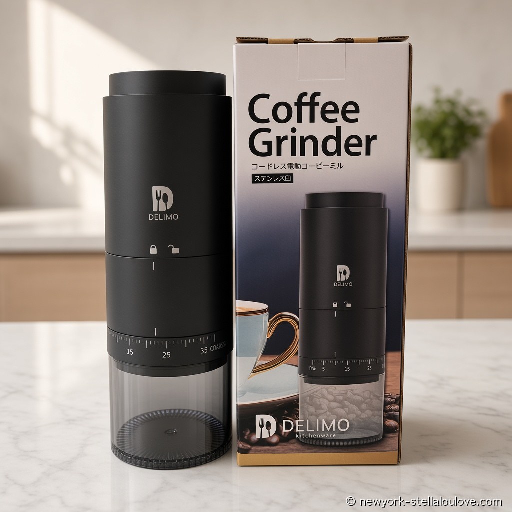 DELIMOコードレス電動コーヒーミルとパッケージ