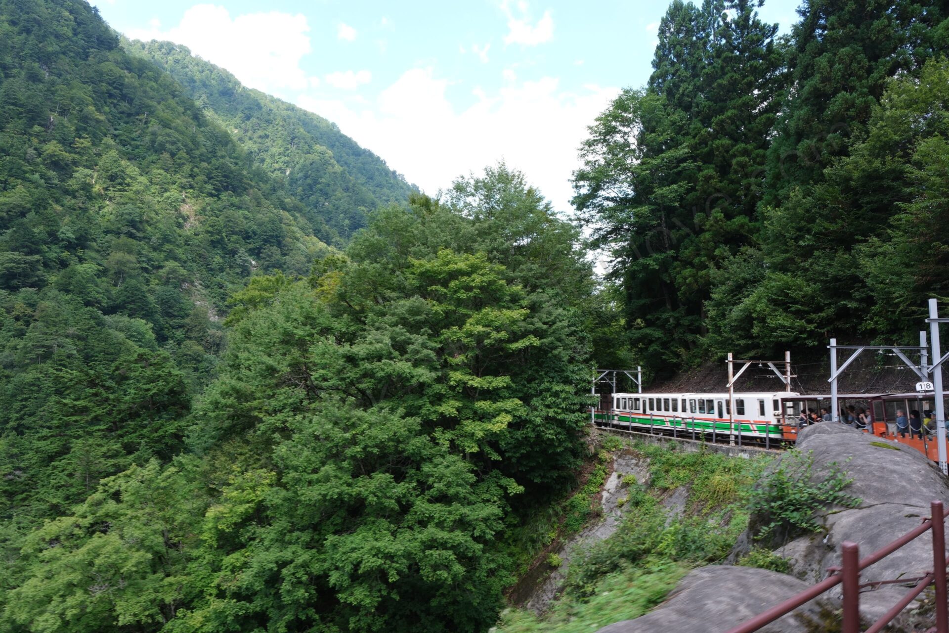 渓谷を走る黒部峡谷鉄道のトロッコ電車