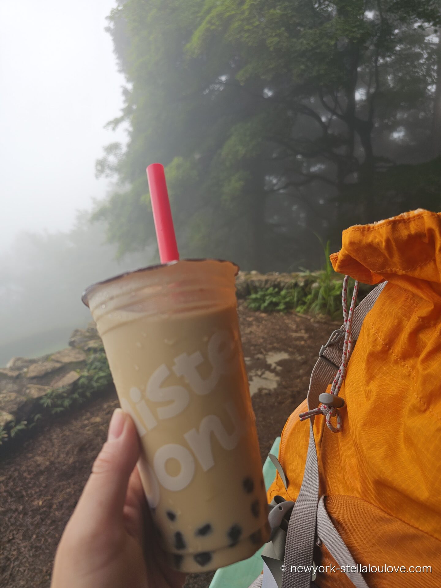 ミスタードーナツのタピオカドリンクとオレンジのリュック